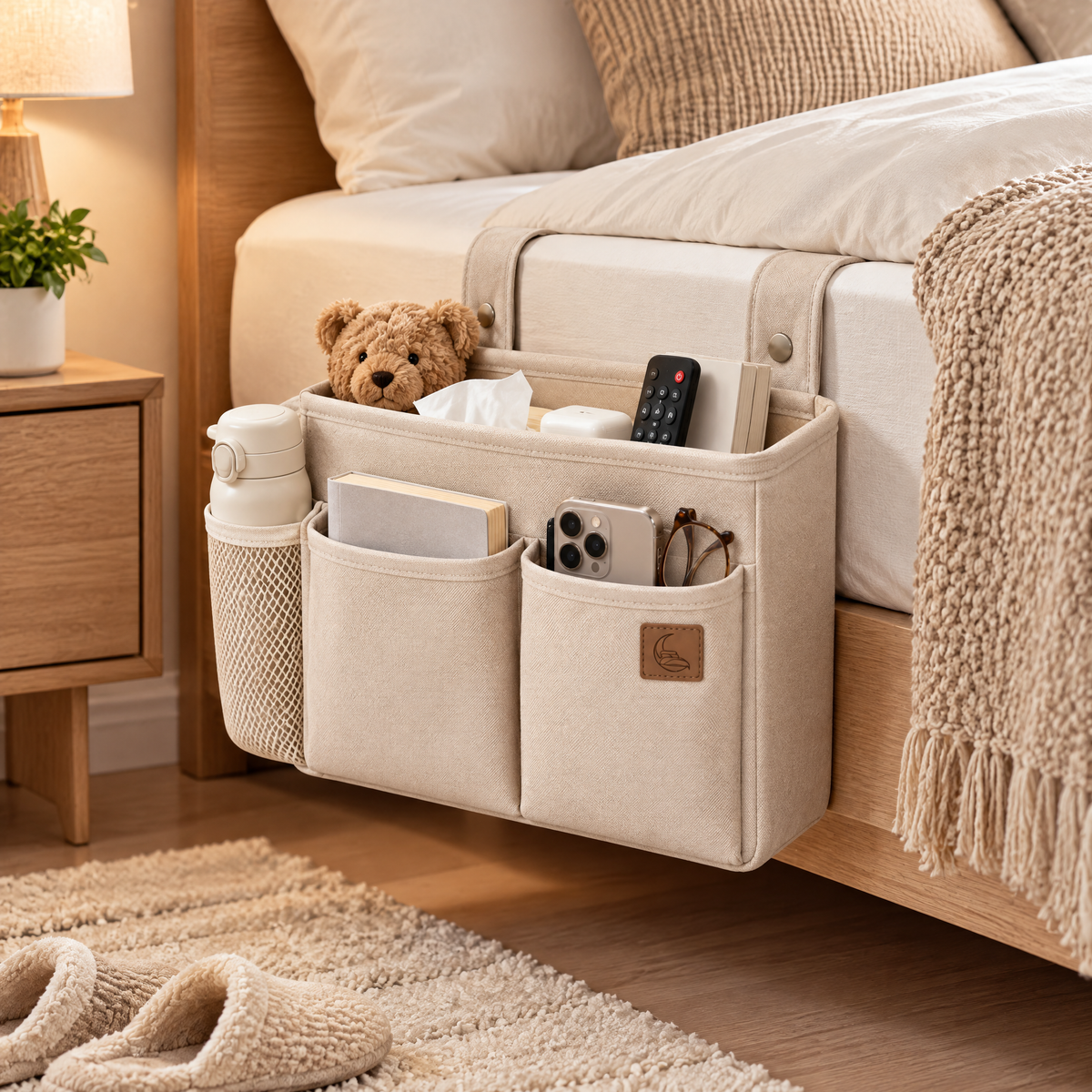Velmoraeqw™ Bedside Hanging Storage Caddy – Multi-Pocket Bed Organizer with Large Main Compartment, Side Mesh Pocket & Snap Straps