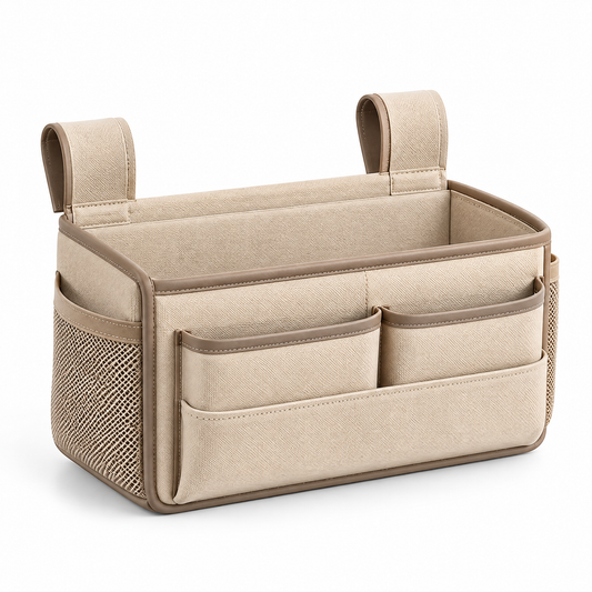 Velmoraeqw™ Bedside Hanging Organizer – Multi-Pocket Bed Caddy with Large Main Compartment, Side Mesh Pockets & Secure Hanging Straps