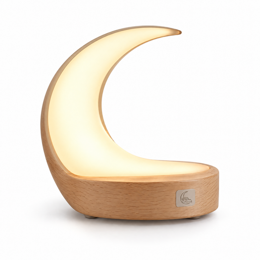 Velmoraeqw™ LunaGlow Crescent Bedside Lamp – Warm Ambient Night Light with Sculptural Moon Design & Wood-Style Base