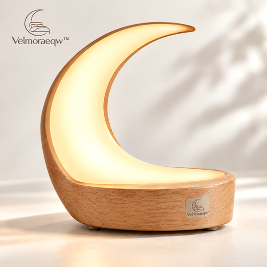 Velmoraeqw™ LunaGlow Crescent Bedside Lamp – Warm Ambient Night Light with Sculptural Moon Design & Wood-Style Base