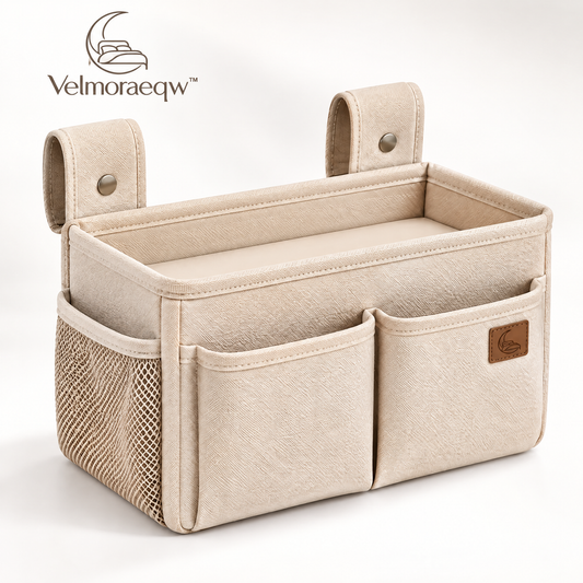 Velmoraeqw™ Bedside Hanging Storage Caddy – Multi-Pocket Bed Organizer with Large Main Compartment, Side Mesh Pocket & Snap Straps